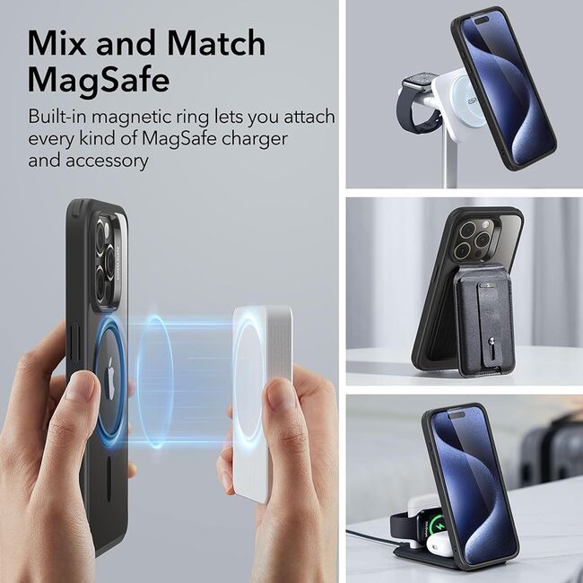 Husa iPhone 15 Pro Max cu MagSafe ESR Classic Hybrid HaloLock Kickstand, negru/transparenta