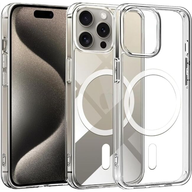Pachet 360: Folie din sticla + Husa pentru iPhone 15 Pro Max cu MagSafe anti-shock 1.5 mm, clear