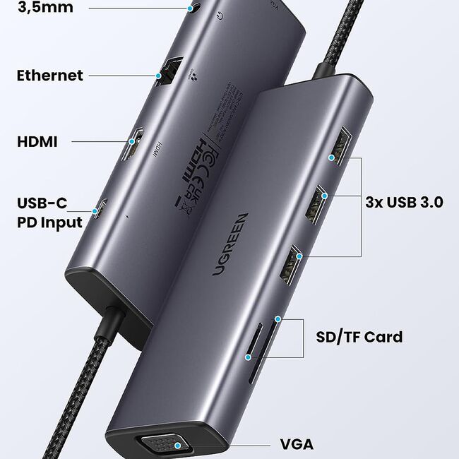 Hub Docking Station 10 in 1 Ugreen de la USB-C la 1 x Type-C, 3 x USB, HDMI, RJ45, Jack 3.5mm, VGA, TF, SD Card - Gray