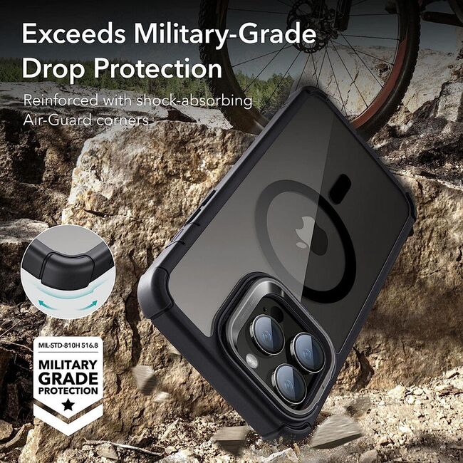 Pachet 360: Husa cu folie integrata iPhone 14 Pro Max cu MagSafe ESR Full Body Shock Armor Kickstand HaloLock, negru/transparenta