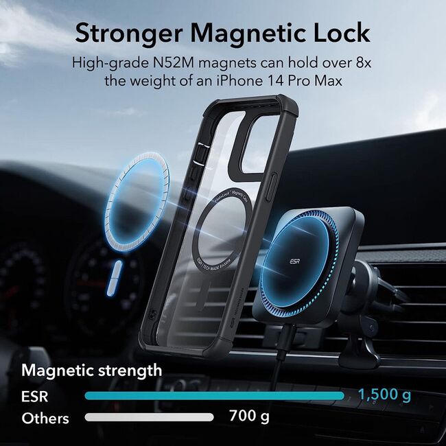 Pachet 360: Husa cu folie integrata iPhone 14 Pro Max cu MagSafe ESR Full Body Shock Armor Kickstand HaloLock, negru/transparenta