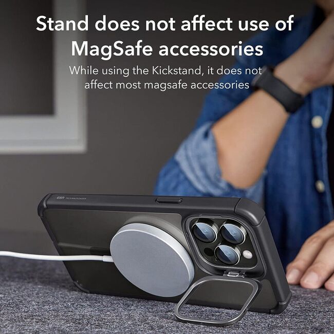 Pachet 360: Husa cu folie integrata iPhone 14 Pro Max cu MagSafe ESR Full Body Shock Armor Kickstand HaloLock, negru/transparenta