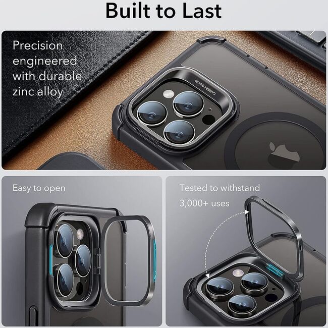 Pachet 360: Husa cu folie integrata iPhone 14 Pro Max cu MagSafe ESR Full Body Shock Armor Kickstand HaloLock, negru/transparenta