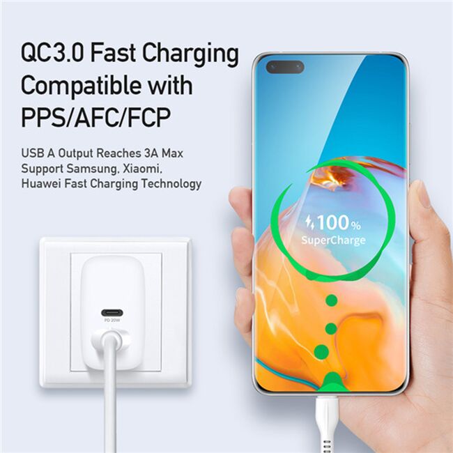 Incarcator rapid pentru Samsung Fast-Charge ProCharge cu Power Delivery si Quick Charge, 1 x USB-C, 1 x USB 20W, alb