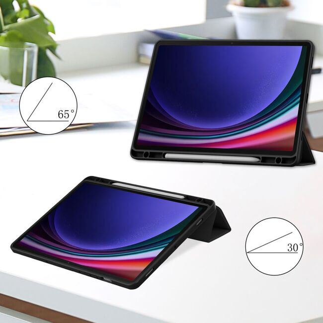 Husa Samsung Galaxy Tab S9 FE+ Plus 12.4 inch Ultra-Light / Slim tip stand, cu functie sleep/wake-up si slot pentru stylus, negru / transparent