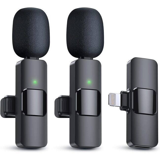 ​Set 2 x Lavaliere Microfon Wireless, cu receiver, conector lightning iPhone, iPad, pentru înregistrare, Live Streaming, YouTube, Facebook, TikTok,​ negru