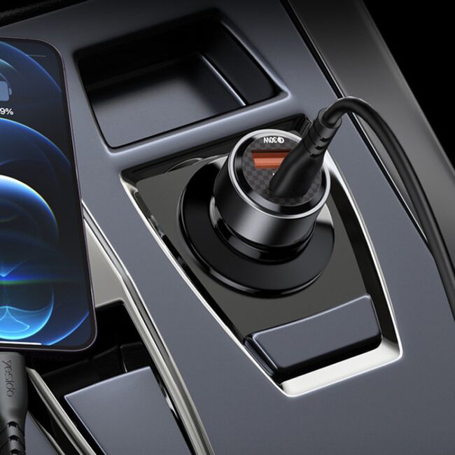 Incarcator pentru masina Fast Charging 1 x USB, 1x Type-C, QC3.0+PD30W, Yesido Y55 60W, cu cablu USB-C la Lightning, negru