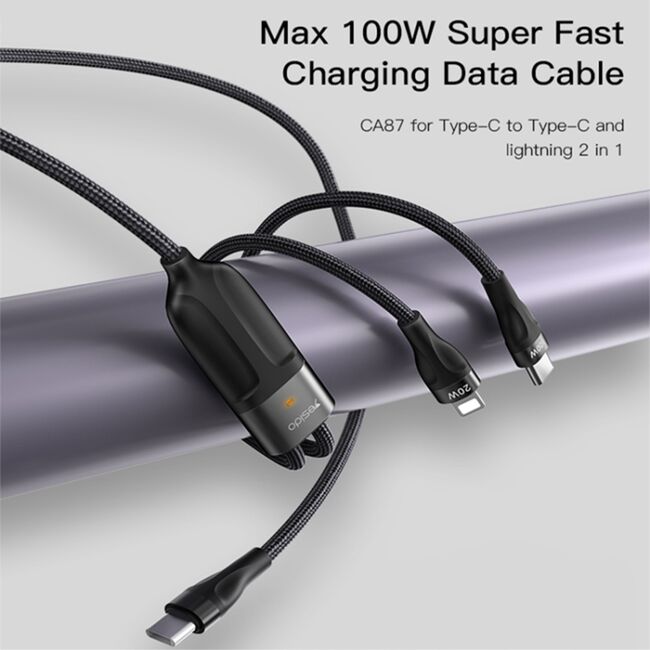 Cablu de date 2 in 1 Type-C la Type-C, Lightning Yesido CA87, 100W, 1.4m, negru