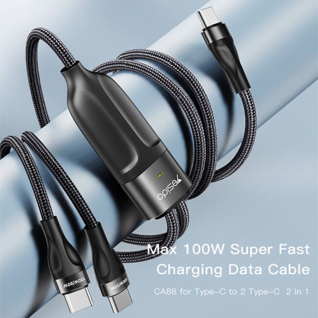 Cablu date 2 in 1 100W Type-C la 2 x Type-C Yesido CA88, 1.2m, negru