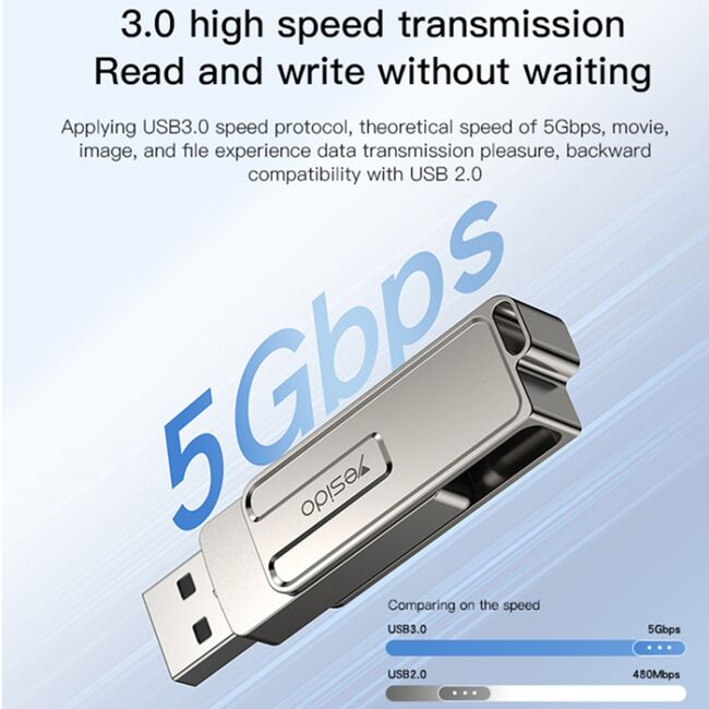 Flash drive, stick memorie OTG, USB, Lightning (iPhone, iPad), Yesido FL16, 5Gbps, 256 GB, silver