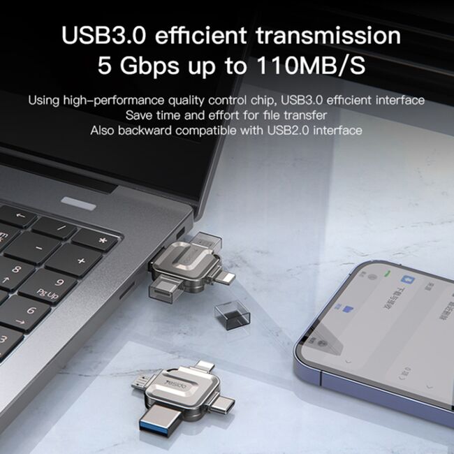 Stick USB, memorie flash externa OTG, USB, Type-C, Micro-USB, Lightning, 5Gbps Yesido FL15, 128GB, silver