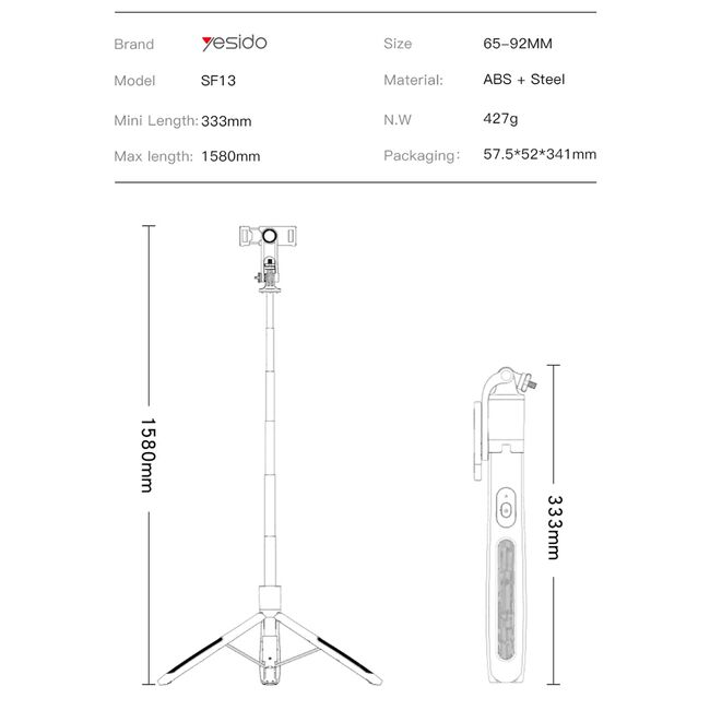 Selfie stick trepied cu telecomanda Yesido SF13, negru