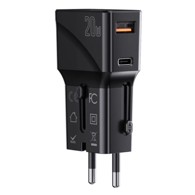 Incarcator cu adaptor EU, UK, US, AUS Yesido MC17 QC3.0 + PD 20W Dual Port, negru
