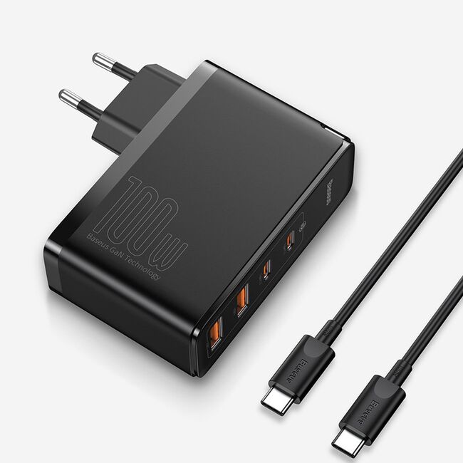 Incarcator 2 x USB QC3.0 / 2 x Type-C PD100W + cablu Type-C la Type-C Baseus GaN2 Pro, CCGAN2P-L01