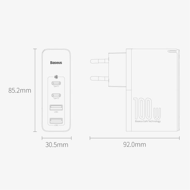 Incarcator 2 x USB QC3.0 / 2 x Type-C PD100W + cablu Type-C la Type-C Baseus GaN2 Pro, CCGAN2P-L01