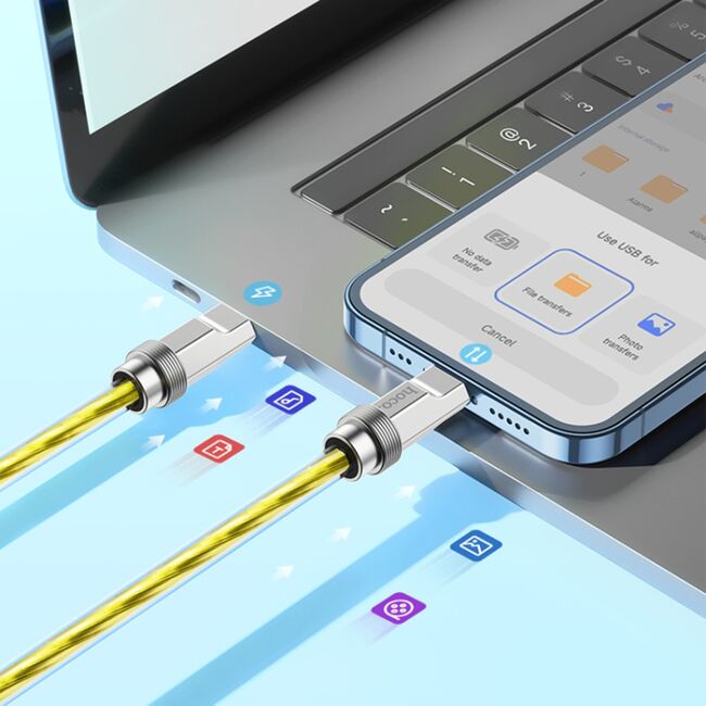 Cablu USB-C la iPhone Fast Charging 20W Hoco U113, Transparent Silicone Protection, Zinc Alloy, 1m - Blue