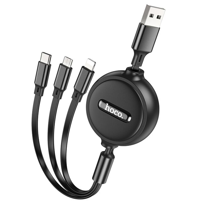 Cablu 3 in 1 Usb-A la USB type-c, lightning, micro-usb, retractabil, 2A, 1m - negru