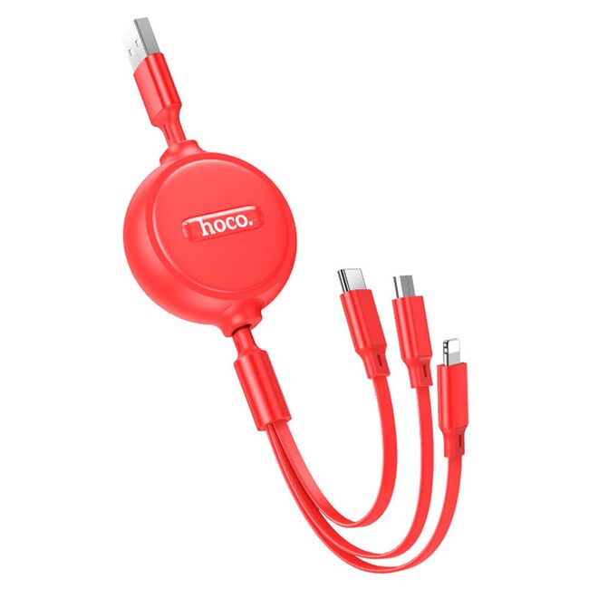 Cablu 3 in 1 Usb-A la USB type-c, lightning, micro-usb, retractabil, 2A, 1m - rosu