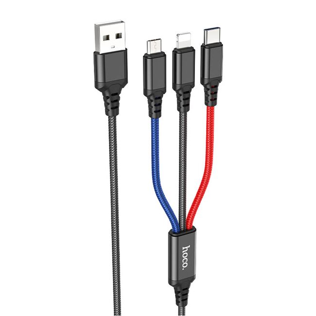 Cablu de date si incarcare 3 in 1 USsb-a la USB type-c, lightning, micro-usb, 2A, 1m - negru, rosu, blue