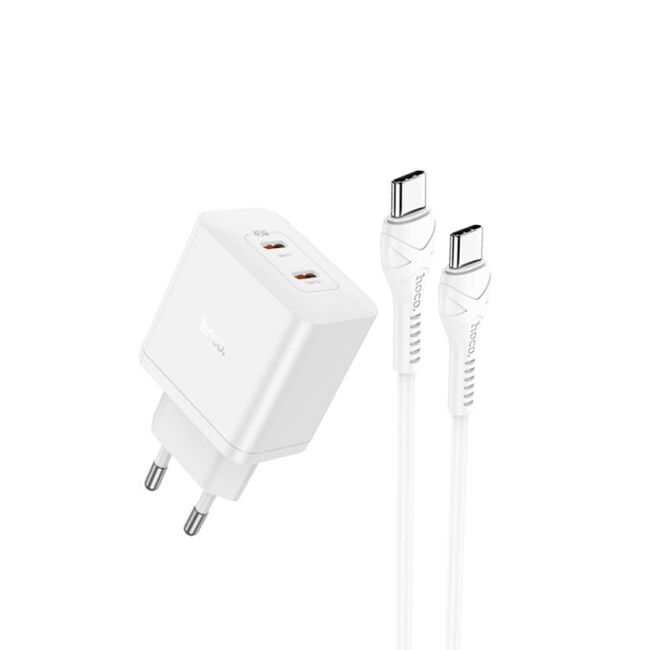 Incarcator priza 2x USB-C PD45W + cablu Type-C Hoco N35, alb