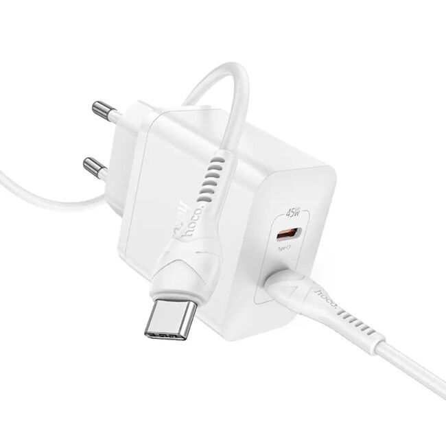Incarcator priza 2x USB-C PD45W + cablu Type-C Hoco N35, alb