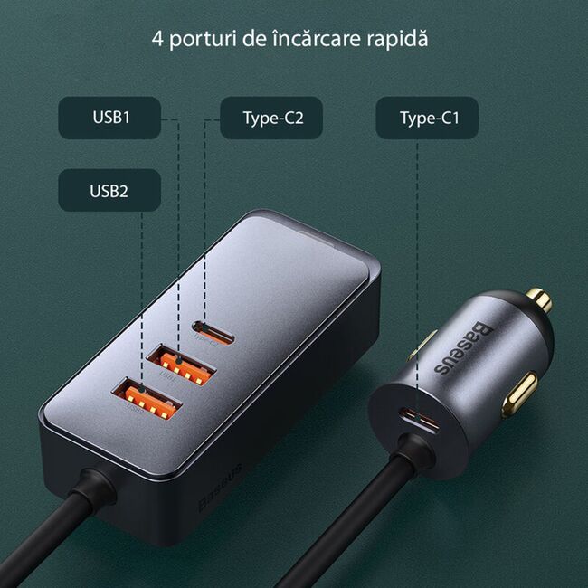 Incarcator auto USB Type-C Fast Charge Baseus Port Extension, 2x USB, 2x Type-C, Fast Charging, 120W, gri, CCBT-A0G