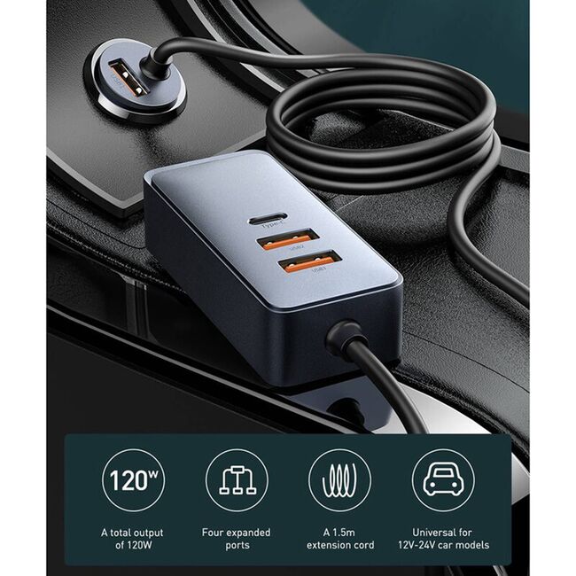 Incarcator auto USB Type-C Fast Charge Baseus Port Extension, 2x USB, 2x Type-C, Fast Charging, 120W, gri, CCBT-A0G