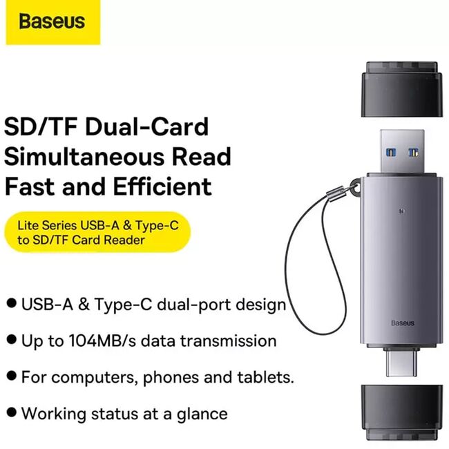 Card reader USB, Type-C la Miro-SD, SD Baseus, gri, WKQX060113