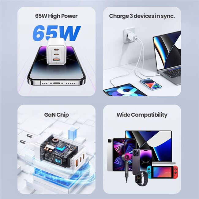 Incarcator GaN Fast Charge 2 x Type-C PD65W, USB-A 3A, Usams, albastru