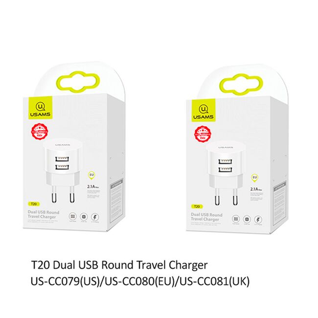 Incarcator de priza dual USB Usams T20, 2.1A, alb, US-CC080