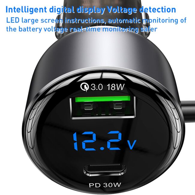 Incarcator auto Fast Charge Yesido Y58 cu cablu integrat mufa USB-C si Lightning (iPhone), 60W, 120cm, display digital, gri