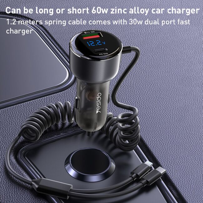 Incarcator auto Fast Charge Yesido Y58 cu cablu integrat mufa USB-C si Lightning (iPhone), 60W, 120cm, display digital, gri