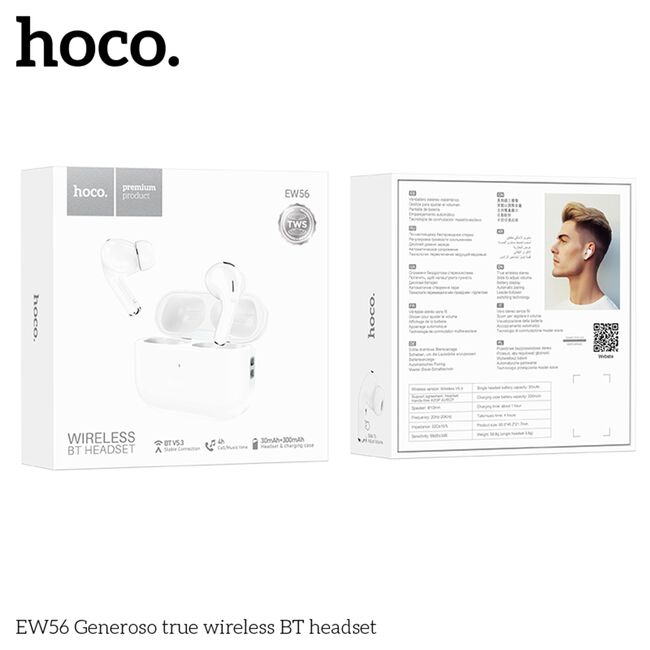 Earbuds true wireless Hoco EW56, casti Bluetooth 5.3, touch control, ANC, alb