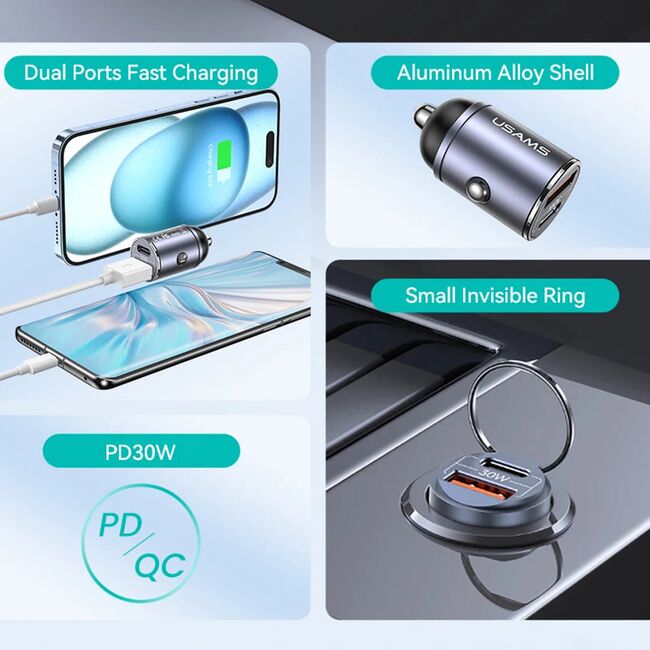 Incarcator auto Fast Charging USB, Type-C Usams C38 US-CC206, mov