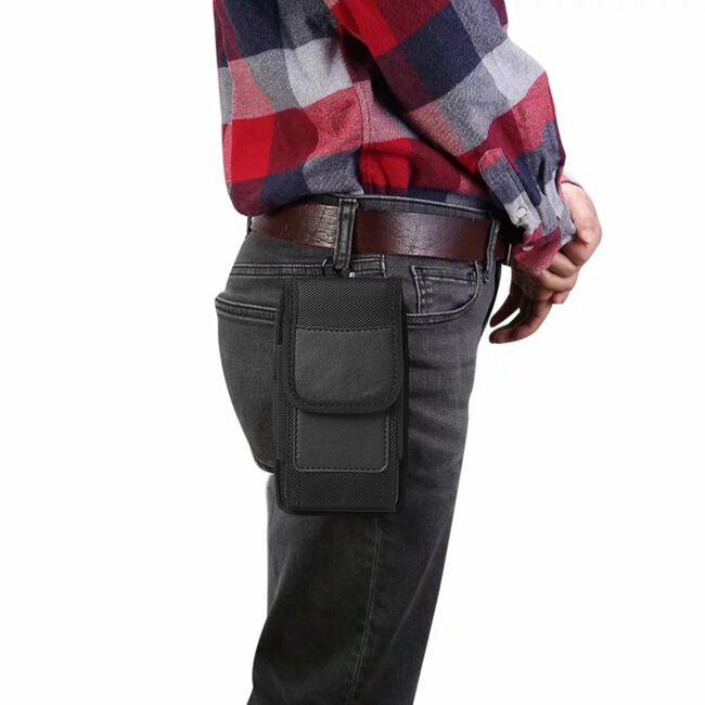 Husa tip toc, borseta telefon / Outdoor Phone Waist Bag (TWB1) cu carabina XXL, 17.5x10x2.5cm, 7 inch - negru