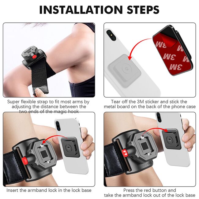 Armband multifunctional alergare / picking cu Phone Locker (TSA1) - Velcro Mounting Strap, Quick Button Release, 3M Glue, max 6.8", negru