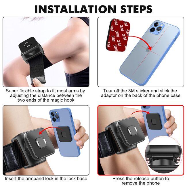Armband multifunctional alergare / picking cu Phone Magnetic Suction Cup (TSA2) - Velcro Mounting Strap, 3M Glue Sticker, max 6.8", negru