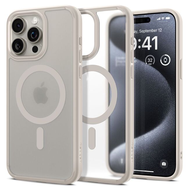 Husa iPhone 15 Pro cu MagSafe Spigen Ultra Hybrid, frost natural titanium