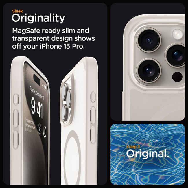 Husa iPhone 15 Pro cu MagSafe Spigen Ultra Hybrid, frost natural titanium