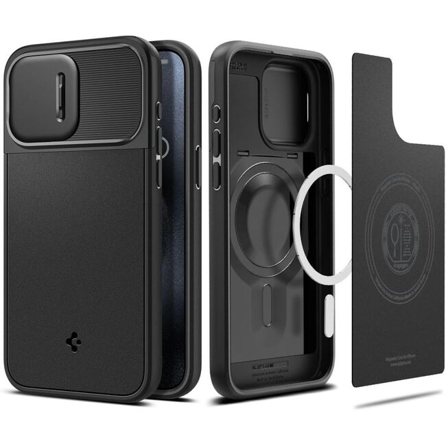 Husa iPhone 15 Pro Spigen Optik Mag Armor, negru