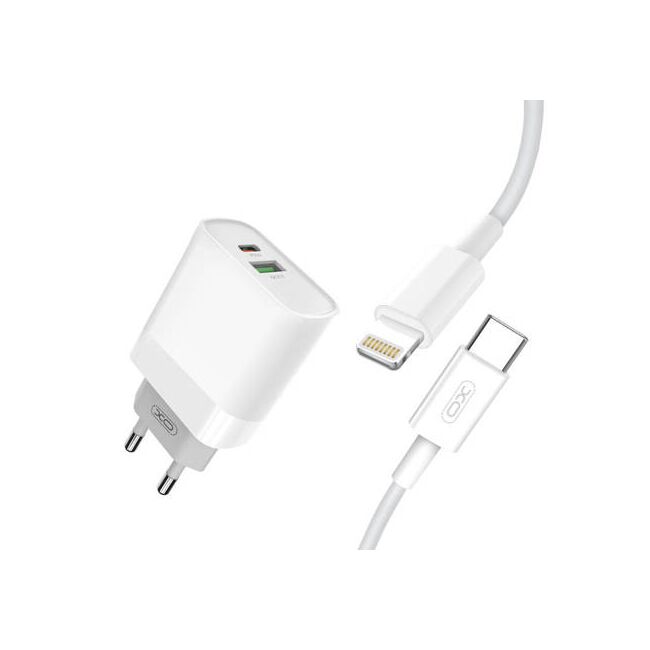 Set incarcator iPhone fast charge pentru priza XO plus cablu de incarcare PD, USB-C - Lightning (iPhone) 20W, alb