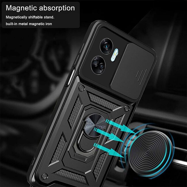 Pachet 360: Folie din sticla + Husa pentru Honor 90 Lite Ring Armor Kickstand Tough Rugged Cover cu protectie camera (negru)