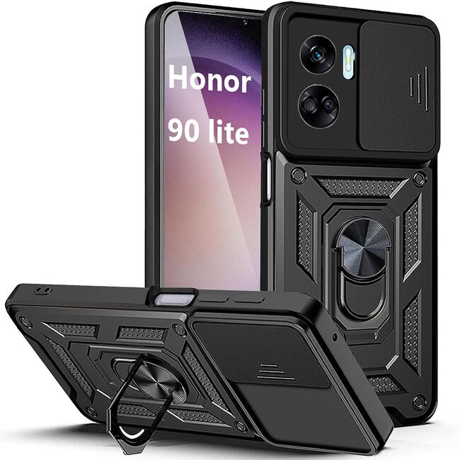 Pachet 360: Folie din sticla + Husa pentru Honor 90 Lite Ring Armor Kickstand Tough Rugged Cover cu protectie camera (negru)