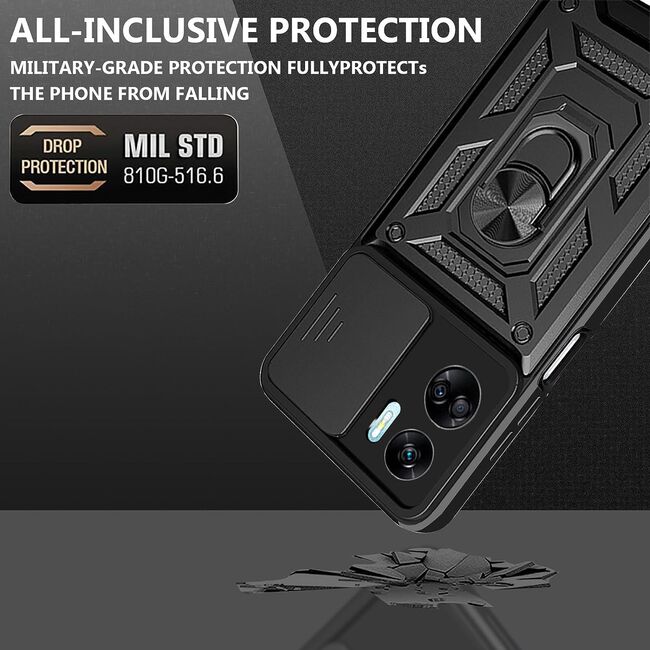 Pachet 360: Folie din sticla + Husa pentru Honor 90 Lite Ring Armor Kickstand Tough Rugged Cover cu protectie camera (negru)