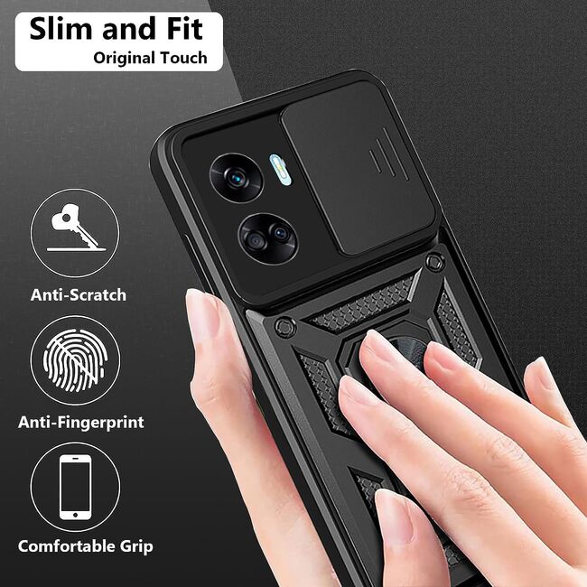 Pachet 360: Folie din sticla + Husa pentru Honor 90 Lite Ring Armor Kickstand Tough Rugged Cover cu protectie camera (negru)