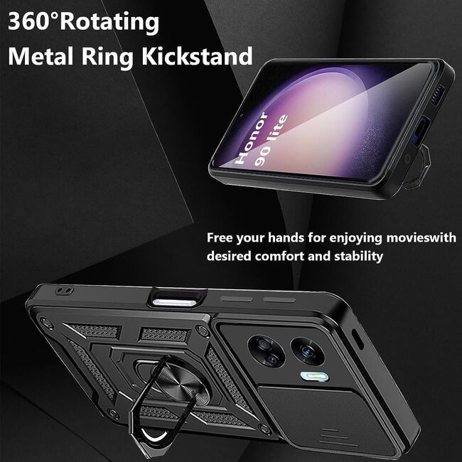 Pachet 360: Folie din sticla + Husa pentru Honor 90 Lite Ring Armor Kickstand Tough Rugged Cover cu protectie camera (negru)