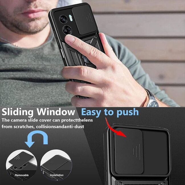 Pachet 360: Folie din sticla + Husa pentru Honor 90 Lite Ring Armor Kickstand Tough Rugged Cover cu protectie camera (negru)