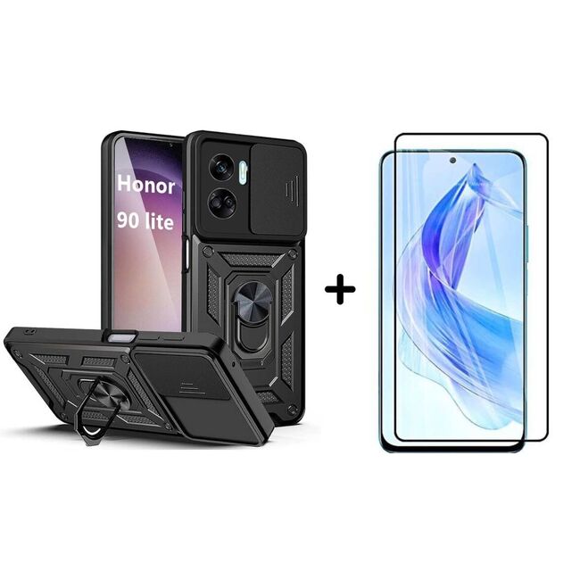Pachet 360: Folie din sticla + Husa pentru Honor 90 Lite Ring Armor Kickstand Tough Rugged Cover cu protectie camera (negru)