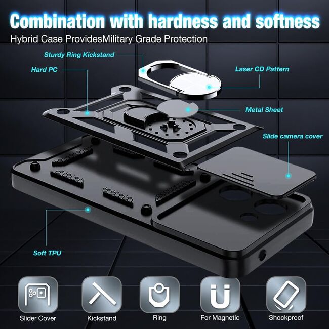 Pachet 360: Folie din sticla + Husa pentru Xiaomi Redmi 13C cu inel Ring Armor Kickstand Tough, protectie camera (negru)