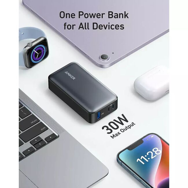 Baterie externa Anker 533 PowerCore 10.000 mAh, 30W, Power IQ 3.0, PowerDelivery, 2x USB-C, 1x USB-A, Negru